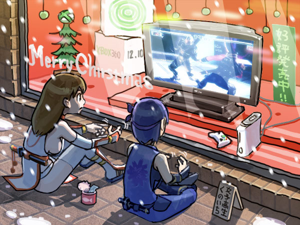 2girls, ayane, ayane_(doa), breasts, christmas, dead_or_alive, game_console, halo