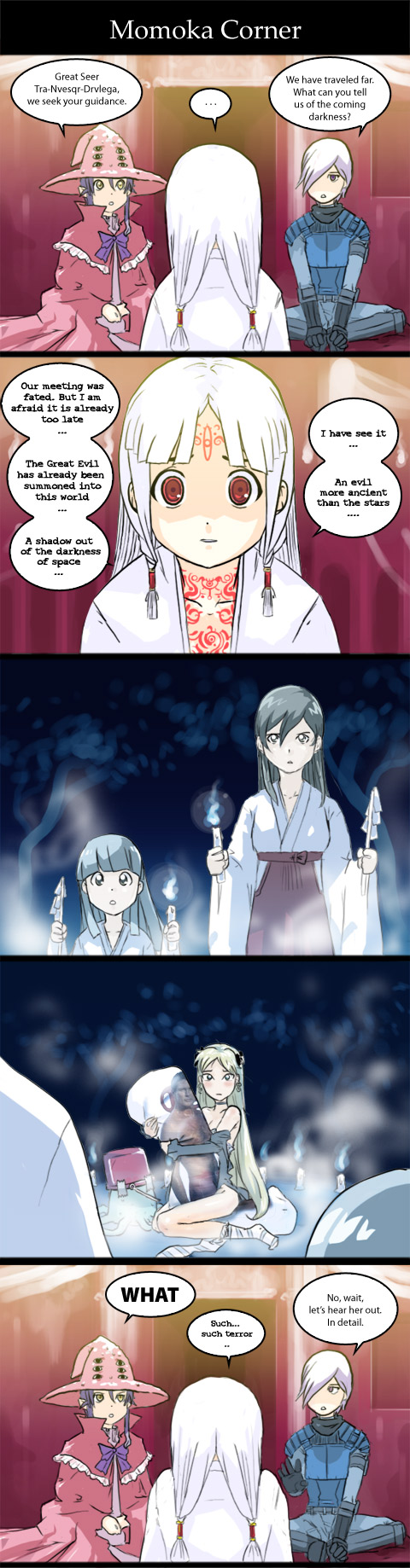 1boy, 4koma, 5girls, alice_(momoka_corner), asatimine, black_hair, bow, comic, dakimakura_(object), dan_kim, david_hasselhoff, facial_mark, forehead_mark, frills, gloves, hard_translated, hat, highres, japanese_clothes, long_hair, long_image, midori_(momoka_corner), miko, momoka_corner, multiple_girls, onee-san_(momoka_corner), pillow, purple_hair, red_eyes, short_hair, snax, tall_image, tra-nvesqr-drvlega, twintails, white_hair, witch_hat, yellow_eyes