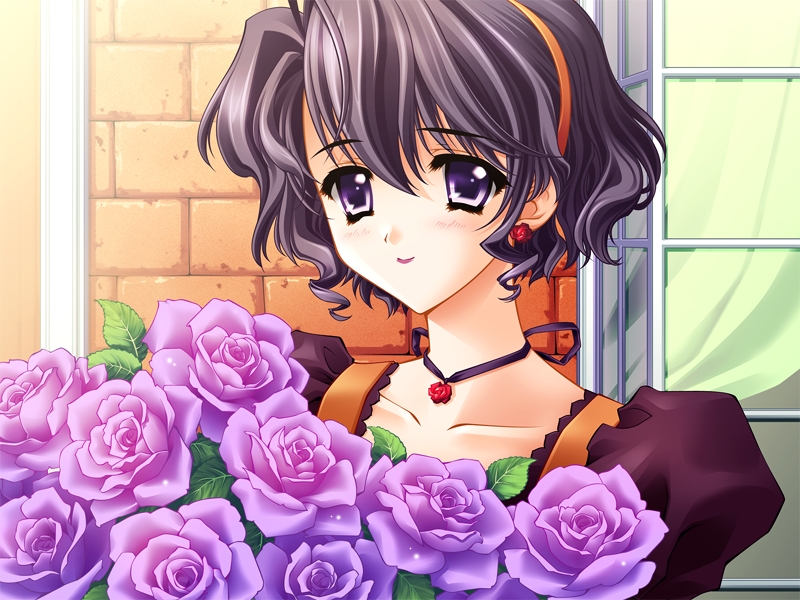 1girl, black_hair, blush, bouquet, brick_wall, carnelian, collarbone, earrings