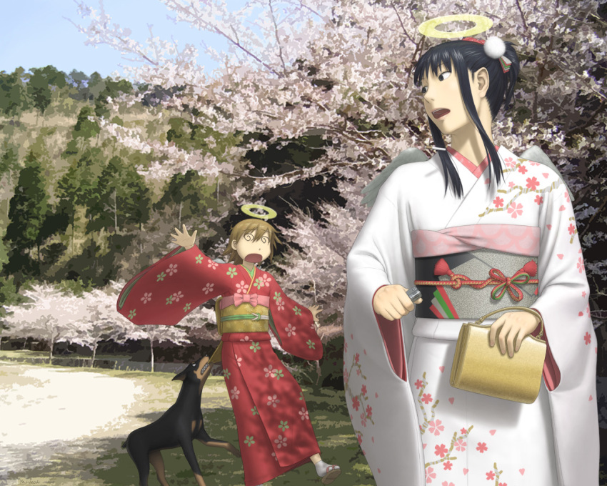 00s, 2girls, @_@, bag, black_hair, brown_hair, cherry_blossoms, cigarette, dog, floral_print, grass, haibane_renmei, hair_ornament, halo, handbag, holding, japanese_clothes, kimono, lighter, looking_at_another, looking_back, multiple_girls, obi, open_mouth, outdoors, rakka, reki, sandals, sash, sky, socks, tabi, tree, white_legwear, wings, yasunon, yukata