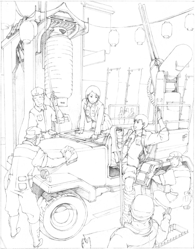 1girl, 5boys, car, ground_vehicle, monochrome, motor_vehicle, multiple_boys, princess_spirit