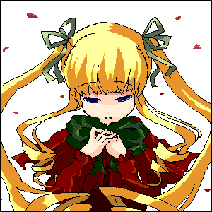 00s, 1girl, blonde_hair, blue_eyes, bow, folded_hands, hair_ribbon, lowres
