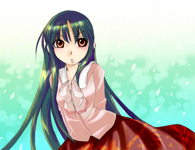 1girl, arms_behind_back, black_hair, blouse, bow, brown_eyes, female, green_background