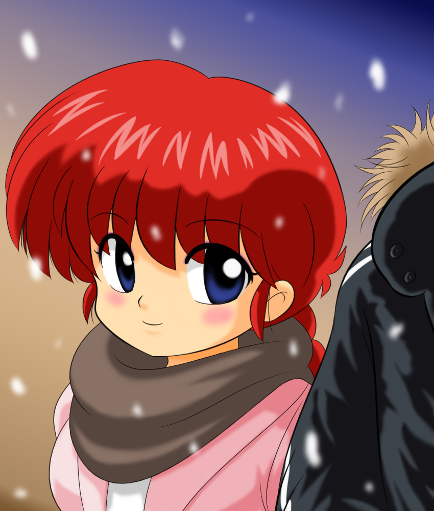 1girl, blue_eyes, blush, braid, female, genderswap, genderswap_(mtf), kj_(k777), ranma-chan, ranma_1/2, redhead, saotome_ranma, single_braid, smile, snow, snow_(weather), snowing, solo_focus