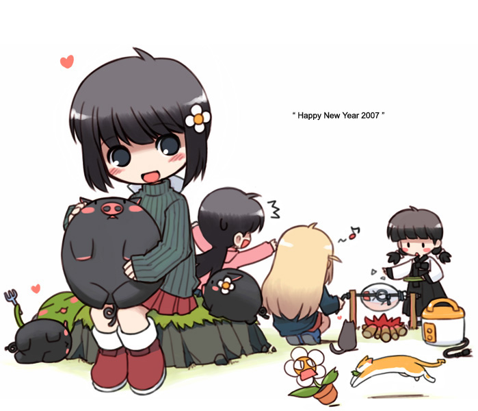 00s, 2007, 4girls, animal, arms_up, black_hair, blonde_hair, blush