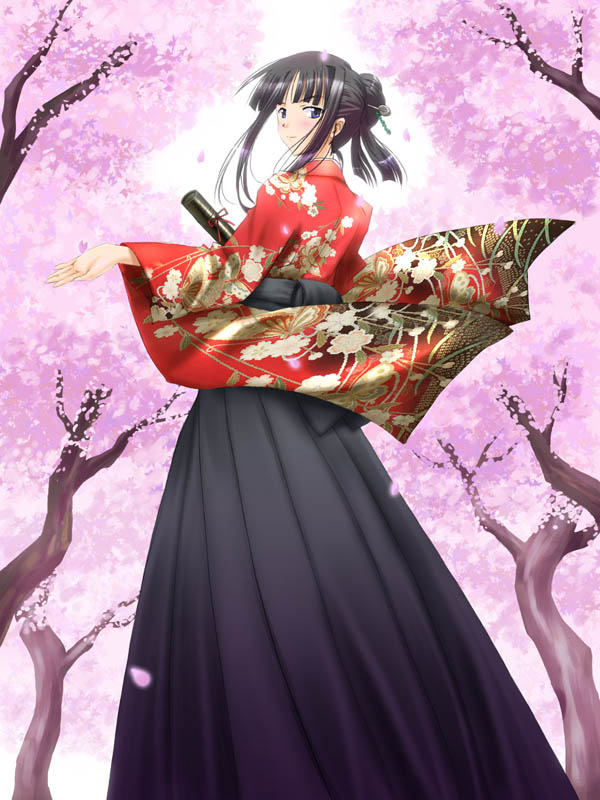 1girl, bangs, black_hair, blue_eyes, blush, cherry_blossoms, diploma, dress, floral_print, from_behind, hair_ornament, hakama, japanese_clothes, kimono, looking_at_viewer, looking_back, meiji_schoolgirl_uniform, original, over_shoulder, petals, pin.x, print_dress, print_kimono, sidelocks, smile, solo, standing, tree, tube, wind