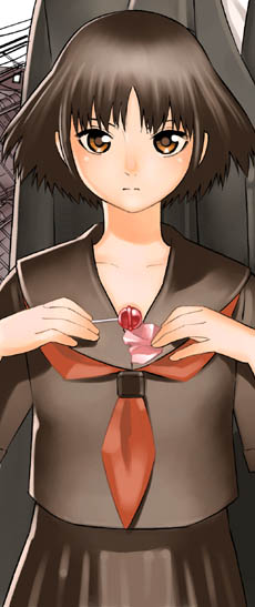 1girl, bangs, black_serafuku, brown_eyes, brown_hair, candy, companion, expressionless