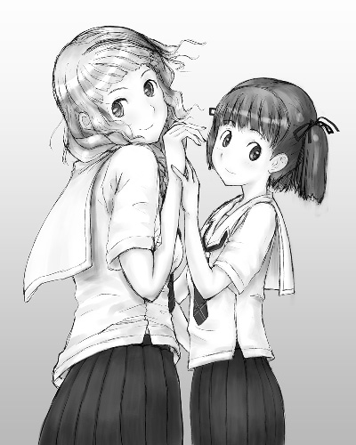 2girls, aihara_nana, kimi_kiss, lowres, mizusawa_mao, monochrome, multiple_girls, pomo_rosso