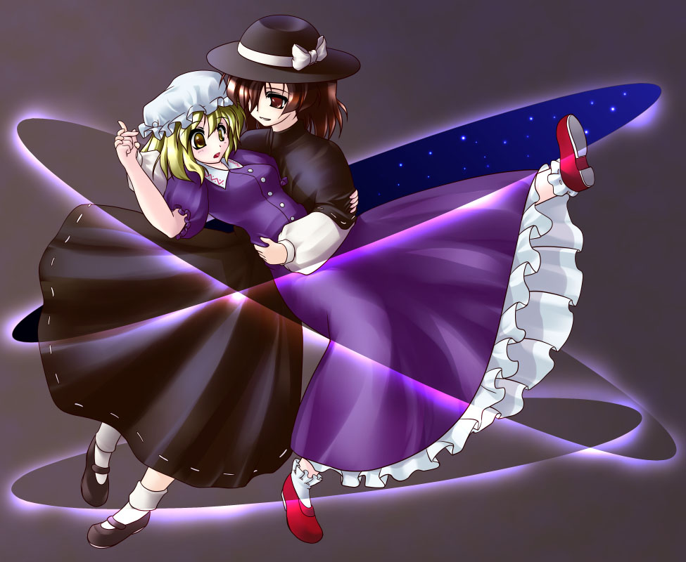 2girls, blonde_hair, bonnet, bow, brown_eyes, brown_hair, dancing, dress