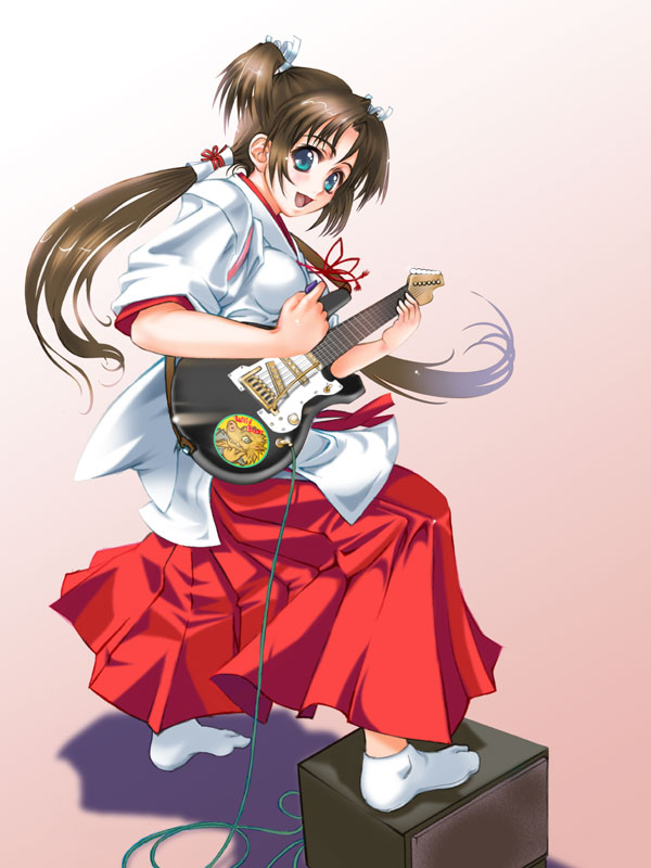 1girl, :d, amplifier, blue_eyes, brown_hair, electric_guitar, guitar, h_kamome, hakama, instrument, japanese_clothes, long_hair, miko, new_year, open_mouth, original, red_hakama, smile, socks, solo, tabi