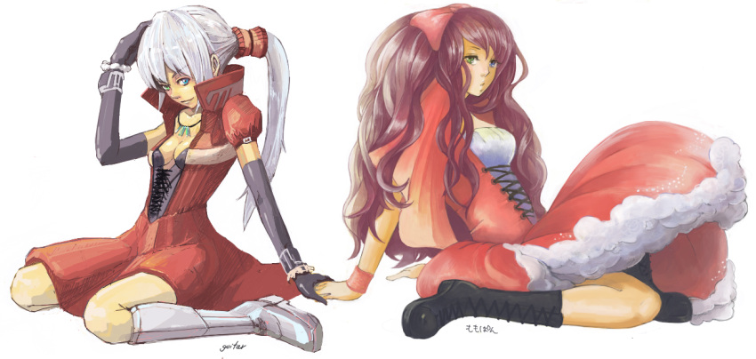2girls, boots, breasts, cleavage, corset, crossover, elbow_gloves, gloves