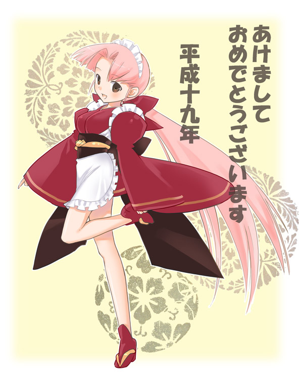 1girl, akeome, apron, boots, brown_eyes, frills, japanese_clothes, kanchan, kimono, leg_lift, long_hair, maid, maid_apron, maid_headdress, new_year, open_mouth, pink_hair, ponytail, short_kimono, solo