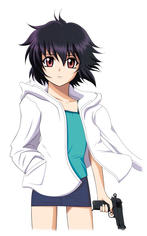 00s, 1girl, black_hair, bob_cut, cocked_hammer, gun, handgun, miniskirt