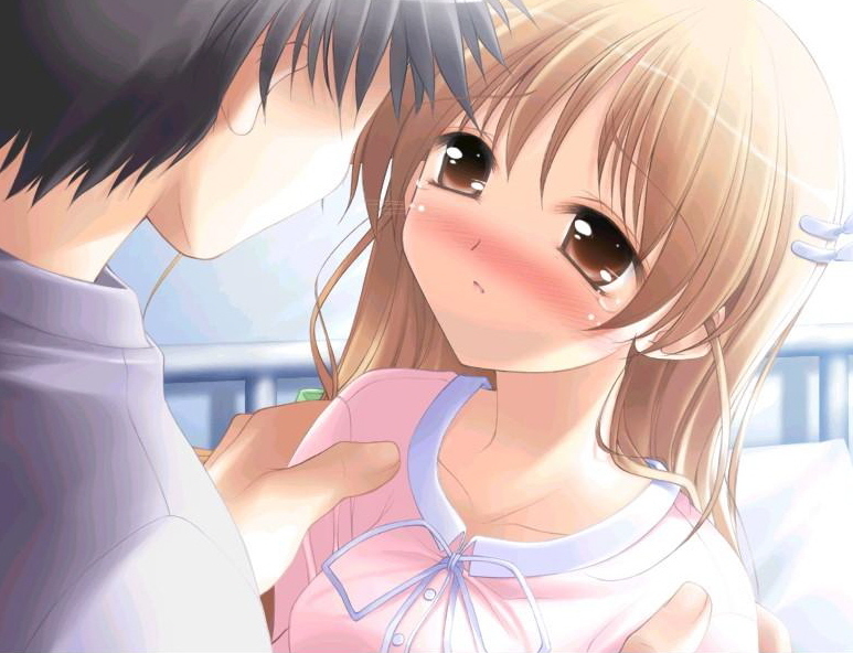 1boy, 1girl, blush, bow, brown_eyes, brown_hair, game_cg, hetero