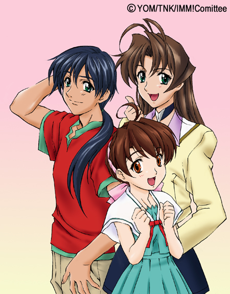 00s, 1boy, 2girls, :d, ahoge, amawa_hibiki, antenna_hair, blazer