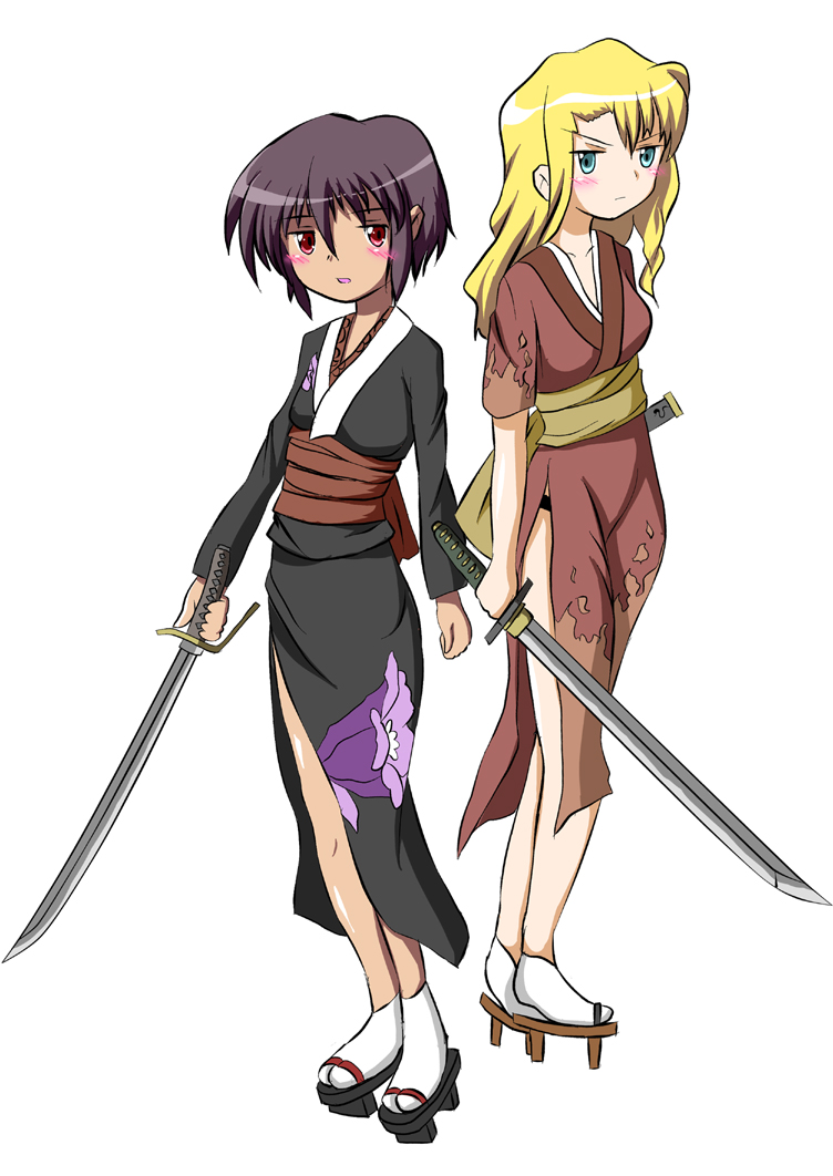 black_hair, blade_of_the_immortal, blonde_hair, blue_eyes, blush, cosplay, hyakurin, hyakurin_(cosplay), japanese_clothes, long_hair, mireille_bouquet, noir, otono-tachibana_makie, otono-tachibana_makie_(cosplay), red_eyes, short_hair, sword, weapon, yuumura_kirika