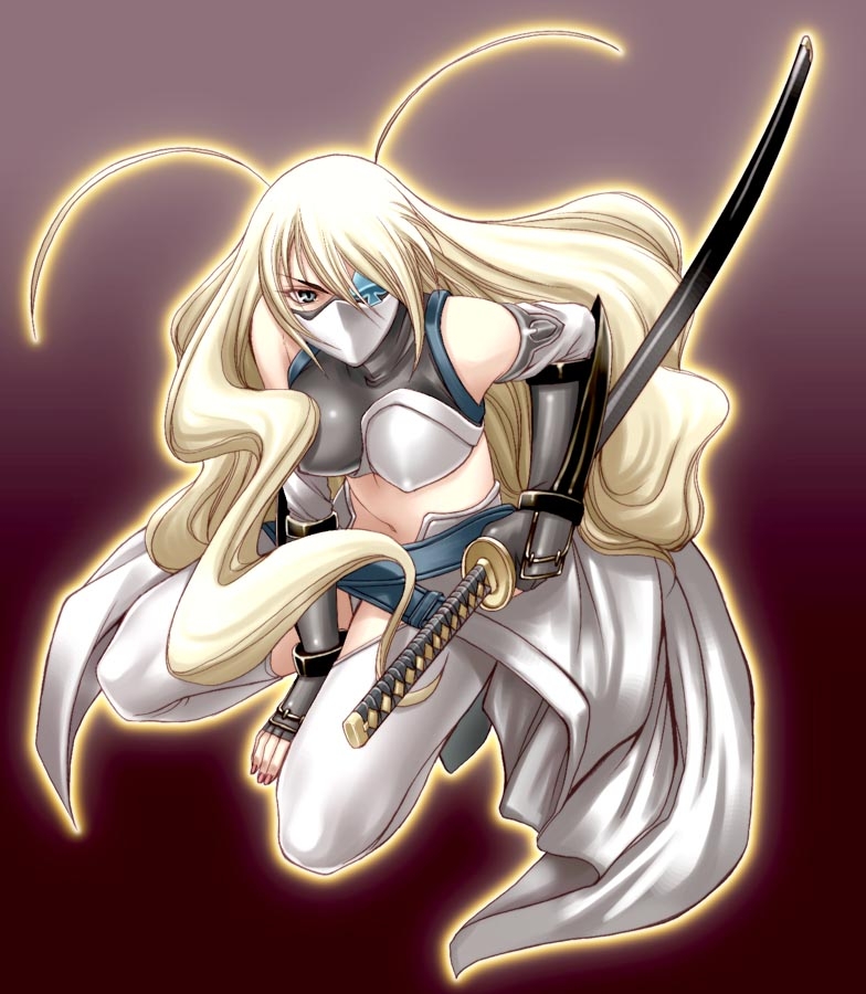 1girl, antenna_hair, armor, blonde_hair, chiba_toshirou, eyepatch, fresia, gloves, jubei-chan, katana, kneeling, long_hair, mask, midriff, secret_of_the_lovely_eyepatch, solo, squatting, sword, weapon, yagyu_freesia