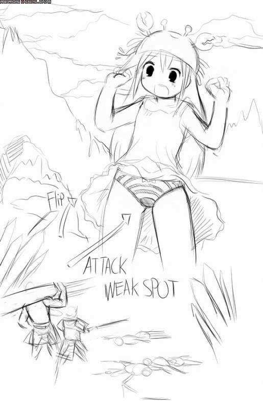 crab, giant_enemy_crab, long_hair, monochrome, open_mouth, panties, sketch, underwear
