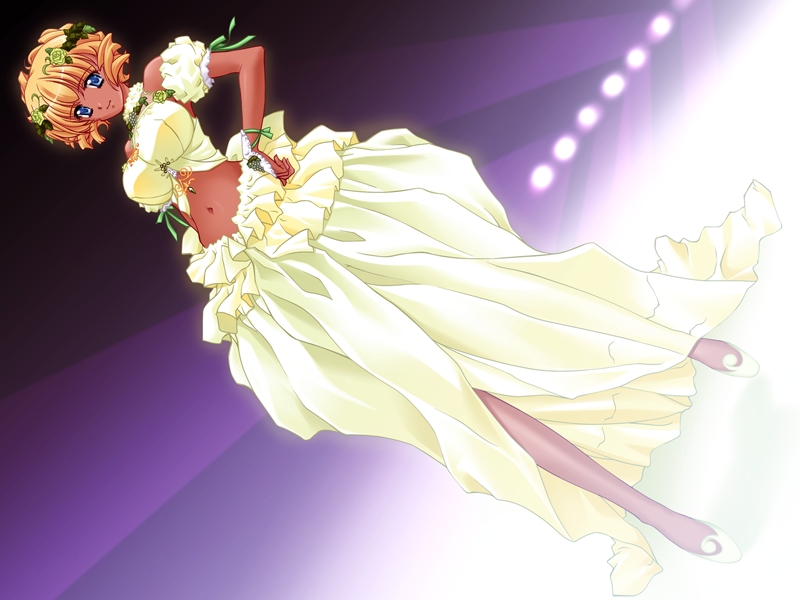 1girl, blonde_hair, blue_eyes, dark_skin, dress, dutch_angle, game_cg, ganguro