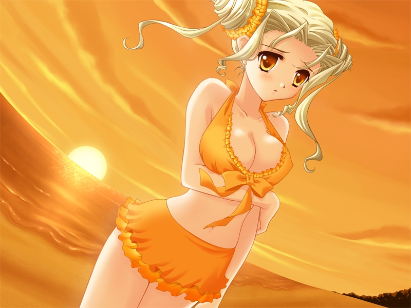 1girl, beach, bikini, blonde_hair, blush, breasts, brown_eyes, cleavage, dutch_angle, frilled_bikini, frills, front-tie_top, game_cg, hair_up, kanami, kanami_(quilt), midriff, nishiwaki_yuuri, quilt, quilt_(game), skirt, sky, solo, sunset, swimsuit, twintails, water, yellow_eyes