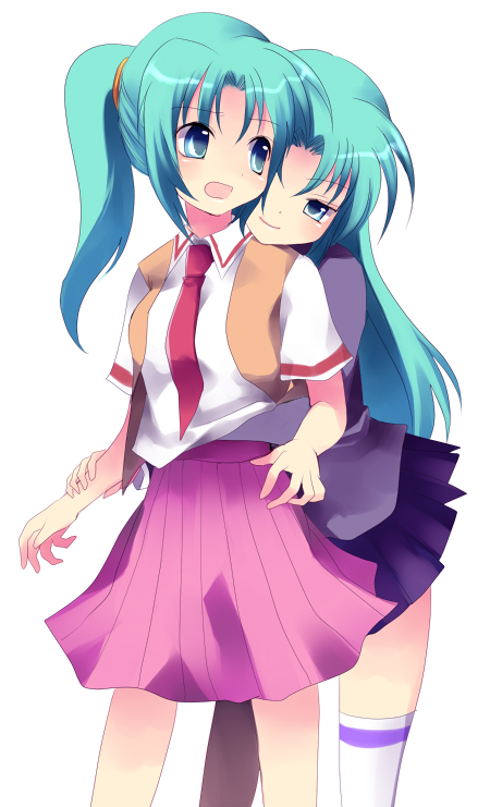 2girls, from_behind, green_eyes, green_hair, groping, higurashi_no_naku_koro_ni, mei, multiple_girls