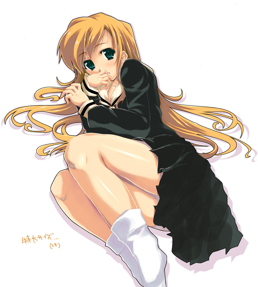 00s, blonde_hair, blush, footwear, green_eyes, kisairo_kaede, long_hair, lying