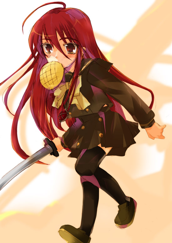 1girl, ahoge, alastor_(shakugan_no_shana), black_legwear, bow, bread, food, jewelry
