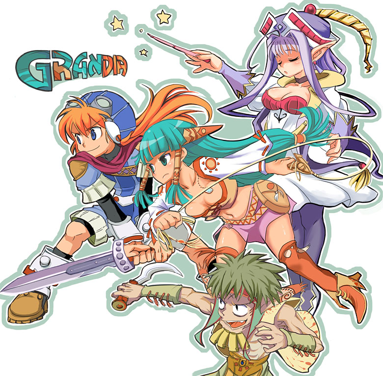 2boys, 2girls, blue_eyes, boots, breasts, cleavage, feena_(grandia), game_arts