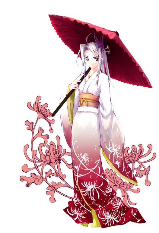 1girl, aqua_eyes, blue_eyes, chrysanthemum, floral_background, floral_print, flower, full_body, furisode, hair_ornament, hair_stick, japanese_clothes, kimono, long_hair, looking_at_viewer, mizuhara_mei, oriental_umbrella, parasol, purple_hair, silver_hair, solo, standing, umbrella, white_background, white_hair