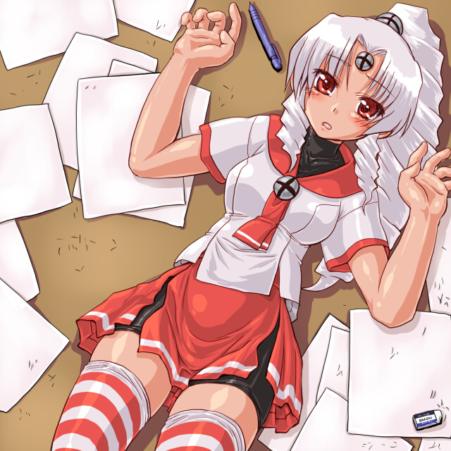 1girl, bike_shorts, bodysuit, dark_skin, dd_(ijigendd), eraser, latex, miniskirt, os-tan, patterned_legwear, red_&amp;_white, red_skirt, red_stripes, ringlets, skirt, spandex, striped, striped_legwear, thigh-highs, two-tone_stripes, vista-tan, vistake, white_stripes, zettai_ryouiki