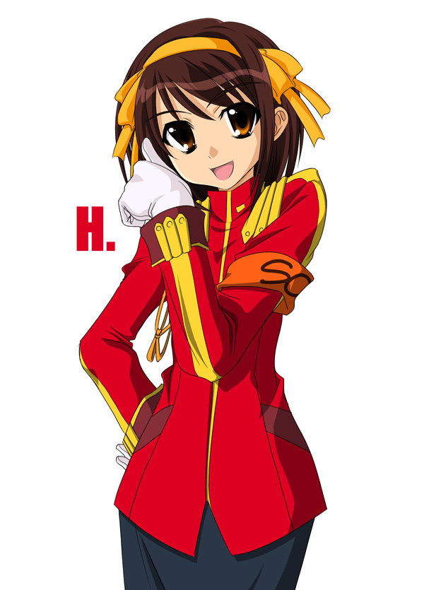 1girl, brown_eyes, brown_hair, gloves, military, military_uniform, milk-candy, open_mouth, short_hair, smile, solo, suzumiya_haruhi, suzumiya_haruhi_no_yuuutsu, the_day_of_sagittarius, uniform