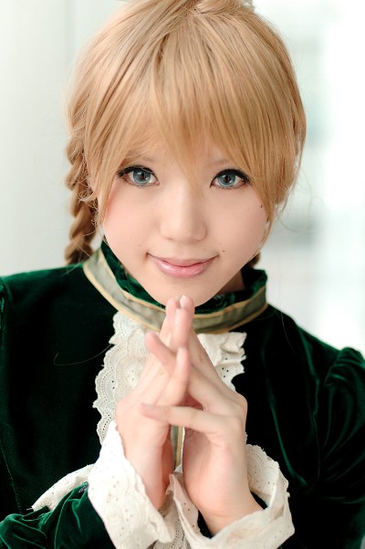 1girl, asian, blonde_hair, blue_eyes, braid, cosplay, frills, kipi-san, looking_at_viewer, maki_saori, photo, real_life, smash_wo_kimero!, solo, twin_braids