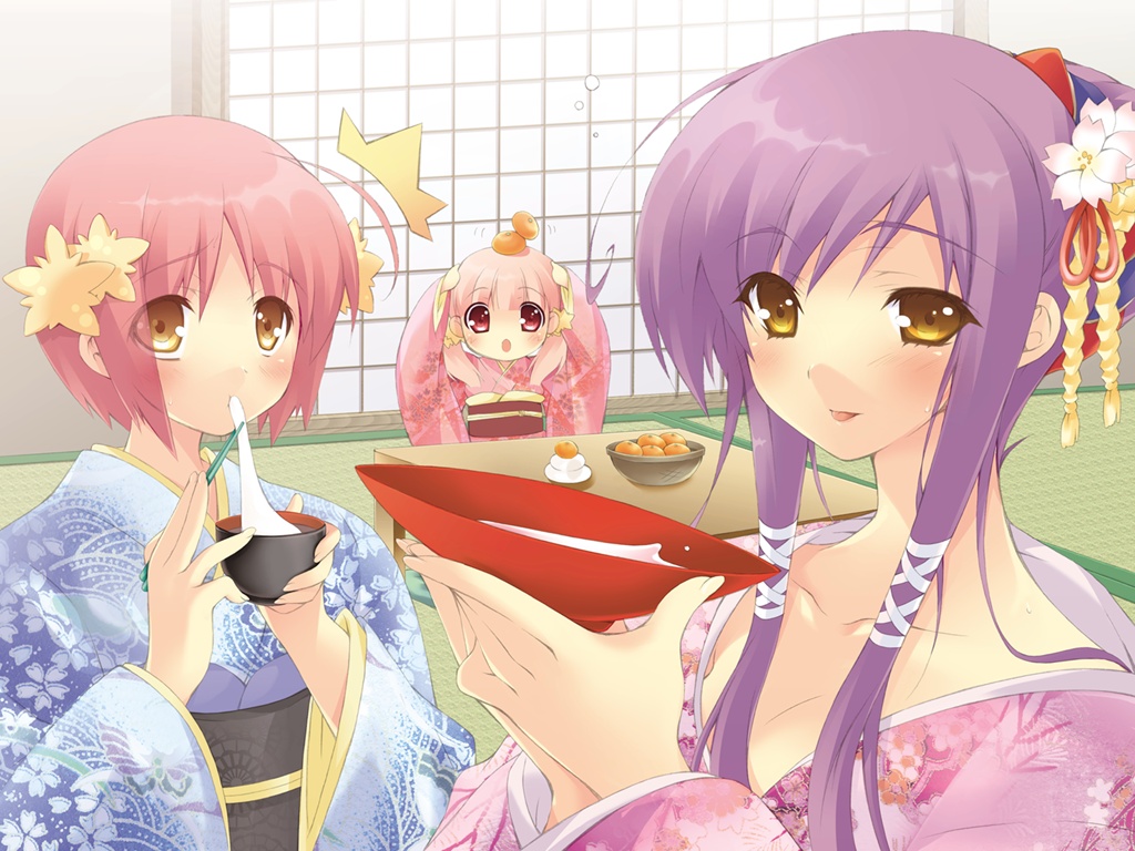 3girls, akino_momiji, alcohol, brown_eyes, japanese_clothes, kimono, kiriyama_sakura, long_hair