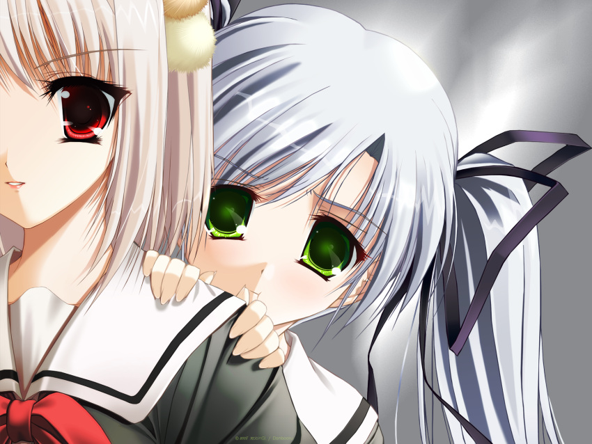 blue_hair, fingernails, green_eyes, highres, innocence_pain, nails, red_eyes, ribbon
