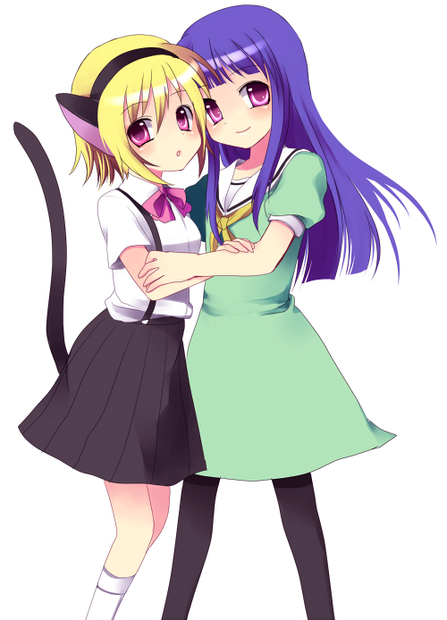 2girls, animal_ears, blonde_hair, cat_ears, cat_tail, cosplay, costume_switch, furude_rika