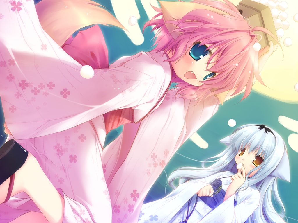 2girls, ahoge, animal_ears, aqua_eyes, blue_hair, dog_ears, dog_tail, eating