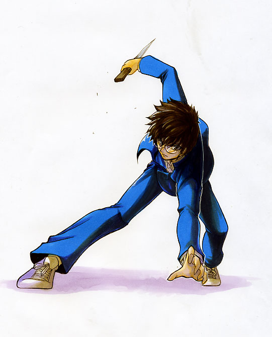 00s, 1boy, brown_hair, glasses, knife, male_focus, reverse_grip, solo