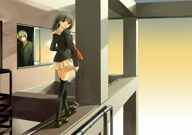 1boy, 1girl, legs, original, oujima_tamaki, pipes, school_uniform, serafuku