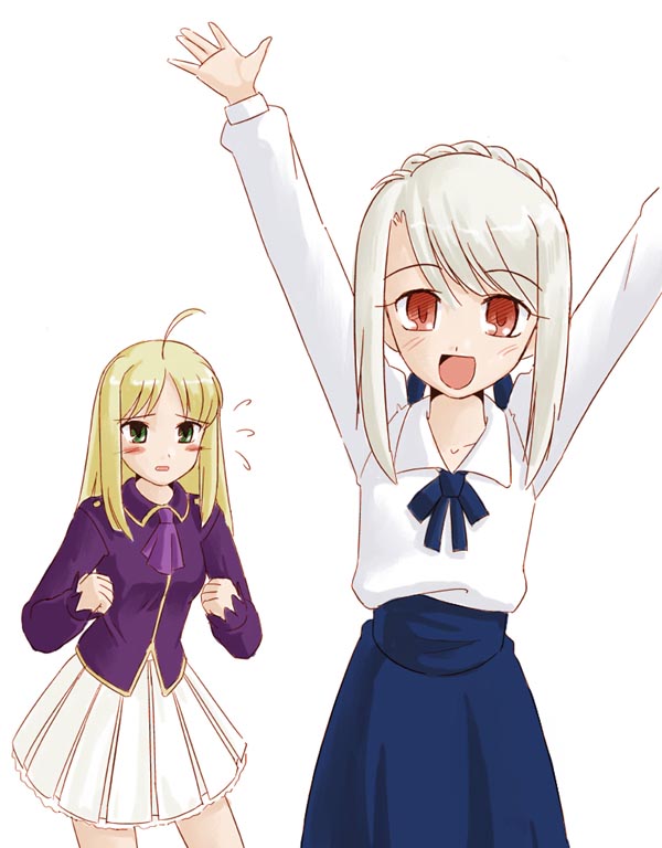 2girls, alternate_hairstyle, artoria_pendragon_(all), artoria_pendragon_(all)_(cosplay), blouse, blush, cosplay, costume_switch