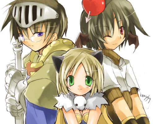 1girl, 2boys, alchemist_(ragnarok_online), animal_ears, apple_o_archer, armor, blonde_hair, blue_eyes