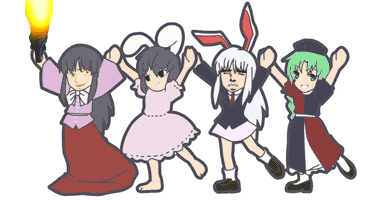 4chan, 4girls, animal_ears, animated, animated_gif, barefoot, black_hair, bow, braid, dancing, dress, feet, female, firing, green_hair, grin, gun, gundou_musashi, higurashi_no_naku_koro_ni, houraisan_kaguya, inaba_tewi, iosys, iosys_parody, long_hair, lowres, meme, multiple_girls, necktie, parody, rabbit_ears, reisen_udongein_inaba, skirt, smile, sonozaki_mion, touhou, weapon, yagokoro_eirin, yaranaika