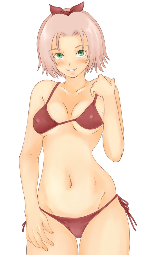1girl, bikini, blush, breasts, cowboy_shot, erect_nipples, green_eyes, haruno_sakura
