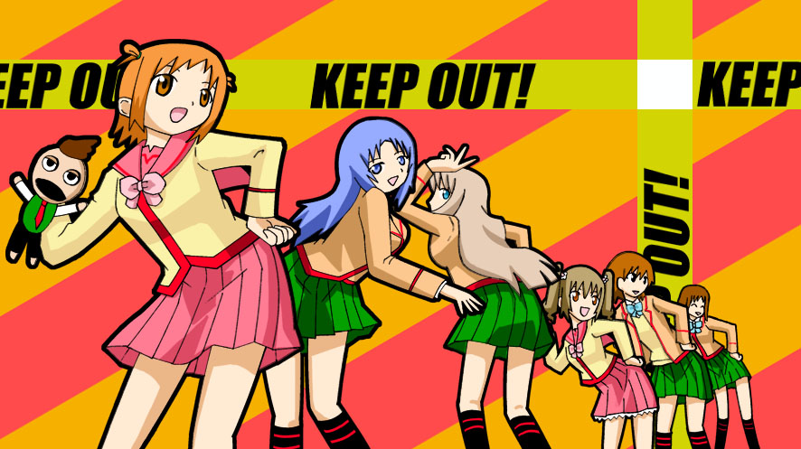 6+girls, blonde_hair, blue_eyes, blue_hair, blush, broccoli_(company), brown_eyes, brown_hair