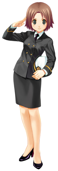 1girl, aqua_eyes, brown_hair, go_go!_japan_self_defense_force_ladies, hat, high_heels, holding, holding_hat, kashima_asahi, koutaro, military, military_uniform, navy, necktie, salute, shoes, short_hair, simple_background, smile, solo, uniform
