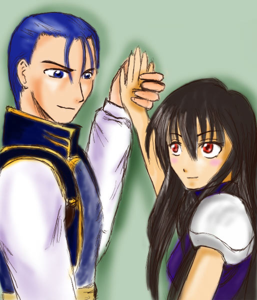 1boy, 1girl, aira_(fire_emblem), antenna_hair, black_hair, blue_eyes, blue_hair, blush