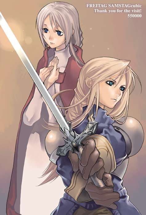 2girls, agrias_oaks, blonde_hair, blue_eyes, final_fantasy, final_fantasy_tactics, hidematsu_(fsc), long_hair, multiple_girls, ovelia_atkascha, sword, weapon
