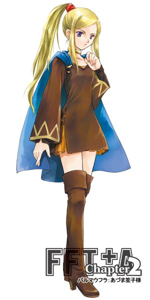 1girl, boots, cape, final_fantasy, final_fantasy_tactics, miniskirt, ponytail, simple_background, skirt, solo, thigh-highs, thigh_boots, valmafra_lenande, violet_eyes, zettai_ryouiki