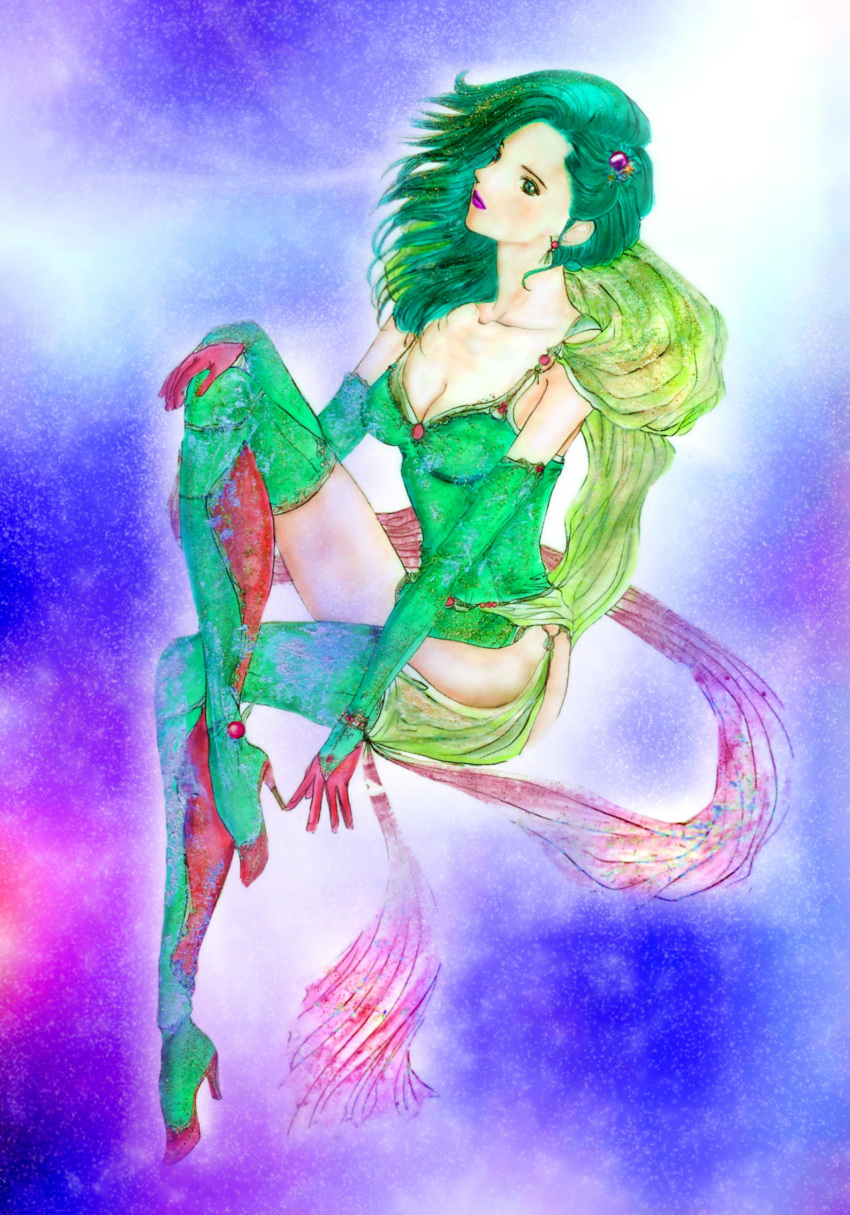 1girl, a_lake, boots, breasts, bridal_gauntlets, elbow_gloves, final_fantasy, final_fantasy_iv, gloves, green_boots, green_eyes, green_hair, hair_ornament, high_heel_boots, high_heels, highres, rydia, solo, thigh-highs, thigh_boots