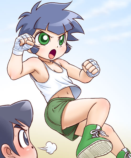1boy, 1girl, armpits, bare_shoulders, black_hair, blue_eyes, blue_hair, breasts
