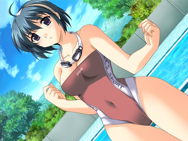 1girl, :/, ahoge, anicd, aoki_sara, arms_up, bangs, bare_shoulders